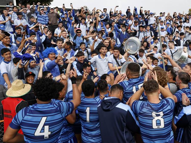 Patrician Brothers Fairfield celebrate winning the NRL Schoolboys Grand Final against Hills Sports High at Leichhardt Oval. Picture: Jonathan Ng