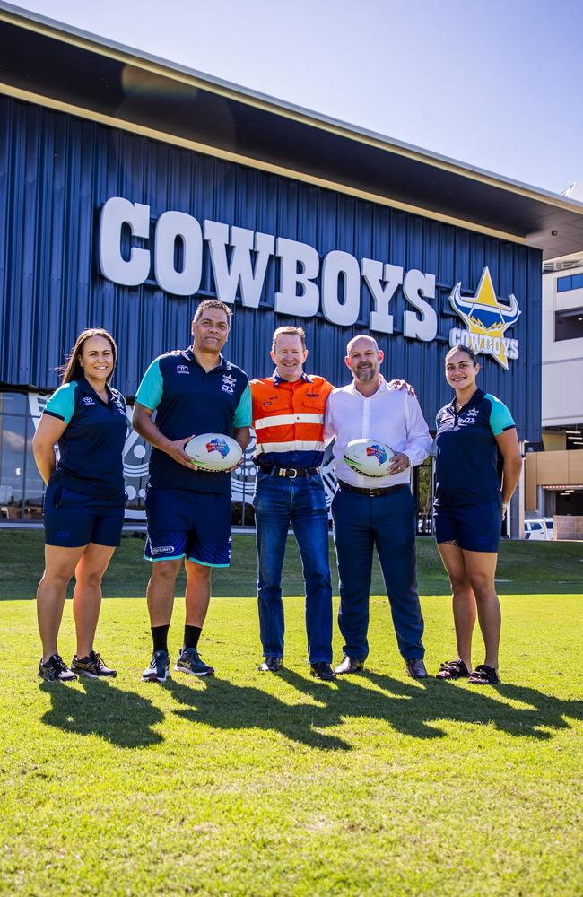 (L-R) Head of NRLW &amp; Women's Elite Pathways Anita Creenaune, Cowboys NRLW Head Coach Ricky Henry, Bravus Mining and Resources COO Mick Crowe, Cowboys CEO Jeff Reibel, Cowboys NRLW Player China Polata.