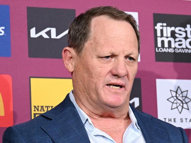 BRISBANE, AUSTRALIA - SEPTEMBER 27: Sacked coach Kevin Walters and CEO Dave Donaghy speak to the media during a Brisbane Broncos NRL press conference at Clive Berghofer Field on September 27, 2024 in Brisbane, Australia. (Photo by Bradley Kanaris/Getty Images)