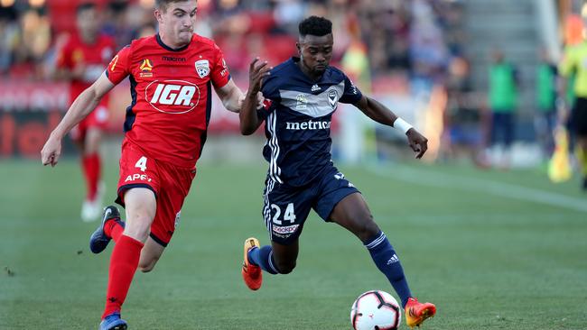 Winger Elvis Kamsoba during his A-League debut for Melbourne Victory against hometown team Adelaide United at Hindmarsh Stadium. Picture: James Elsby/Getty Images