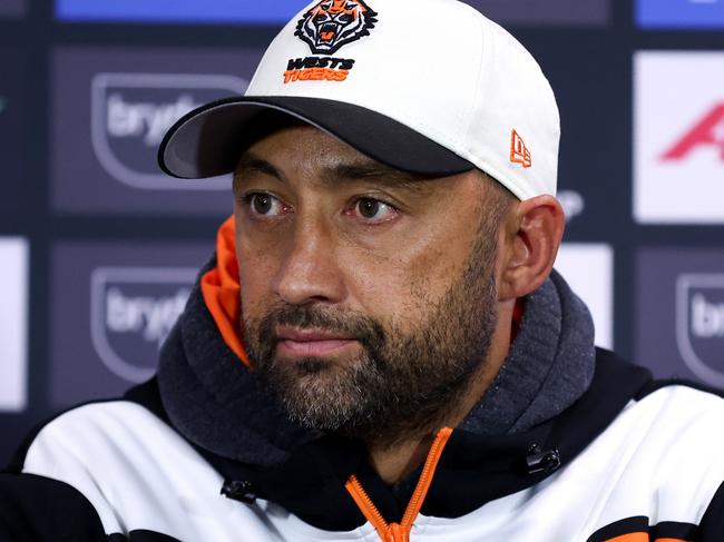 SYDNEY, AUSTRALIA - JUNE 30: Tigers coach Benji Marshall speaks to the media following the round 17 NRL match between Sydney Roosters and Wests Tigers at Allianz Stadium, on June 30, 2024, in Sydney, Australia. (Photo by Brendon Thorne/Getty Images)