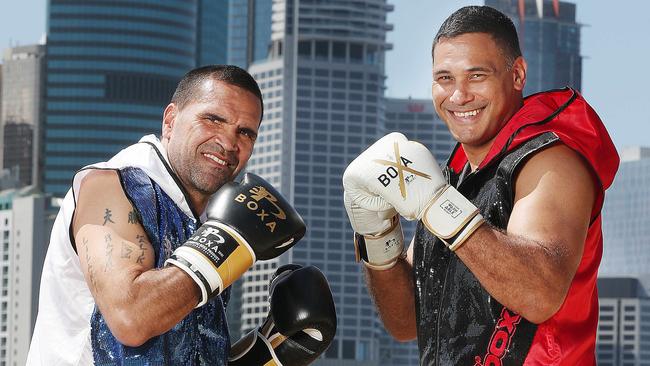 NRL great Justin Hodges (right) and former world boxing champ Anthony Mundine in Brisbane. Picture: Annette Dew