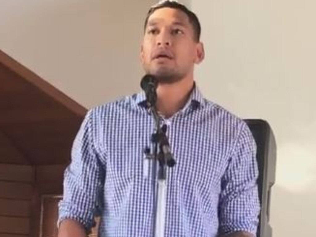 Israel Folau speaks at The Truth of Jesus Christ Church in Sydney.