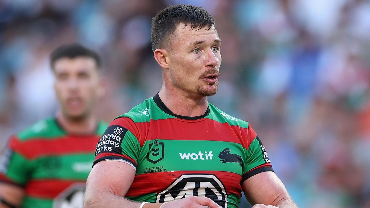SYDNEY, AUSTRALIA - MARCH 29: Damien Cook of the Rabbitohs talks to the referee during the round four NRL match between South Sydney Rabbitohs and Canterbury Bulldogs at Accor Stadium, on March 29, 2024, in Sydney, Australia. (Photo by Cameron Spencer/Getty Images)