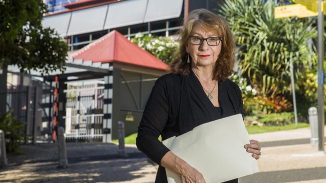 Resident Katharine Fresier outside Walan, a tower near a proposed controversial highrise at 11 Thornton St, Kangaroo Point. Picture: AAP/Richard Walker