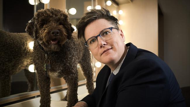 Hannah Gadsby with her dog Douglas. For TasWeekend. Supplied.