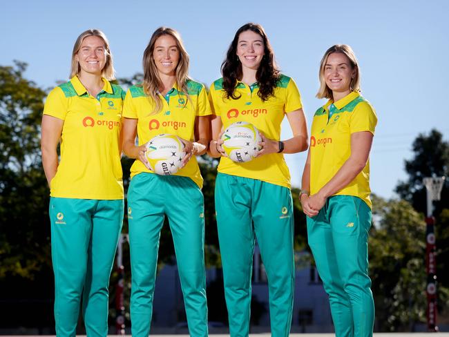 L to R, Courtney Bruce, Cara Keenan,  Ash Ervin, Liz Watson, after Anika Wells announcing funds for Origin Australian Diamonds, Downey Park Netball Association, on Friday 7th June 2024 - Photo Steve Pohlner