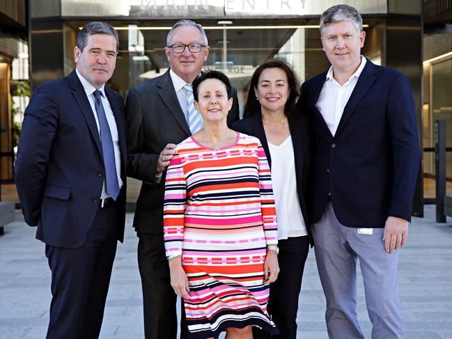 MD and CEO of Healthscope Gordon Ballantyne, MP Brad Hazzard, former CEO of NBH Deborah Latta, surgeon Stuart Pincott and former Medical Director of NBH Louise Messara out the front of the new Northern Beaches Hospital which opened in October. Picture: Adam Yip