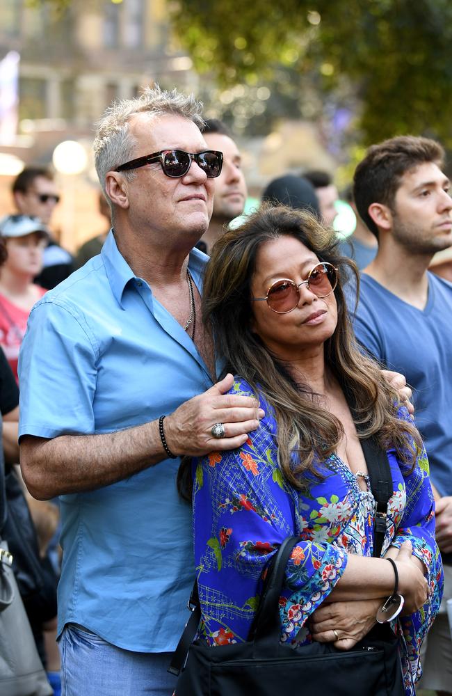 Australian musician Jimmy Barnes and his wife Jane join the rally in Hyde Park. Picture: AAP Image/Joel Carrett