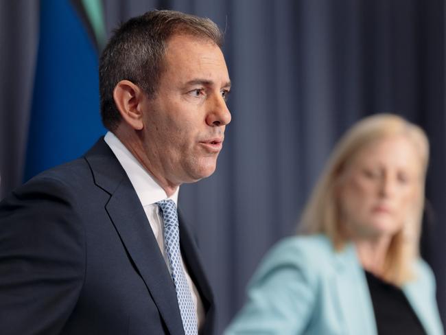 CANBERRA, AUSTRALIA, NewsWire Photos. DECEMBER 17, 2024: Treasurer Jim Chalmers and Minister for Finance Katy Gallagher give an update ahead of Wednesday's Mid-Year Economic and Fiscal Outlook (MYEFO) release at Parliament House in Canberra. Picture: NewsWire / David Beach