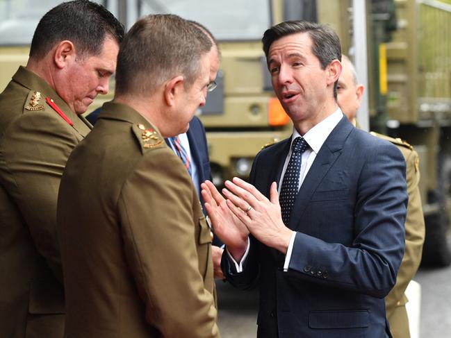 Senator Simon Birmingham is seen at the official opening of the Supashock Headquarters in Holden Hill, Adelaide, Wednesday, August 7, 2019. Supashock is developing technologies for defence and has partnered with Rheinmetal Defence Australia. AAP Image/David Mariuz) NO ARCHIVING