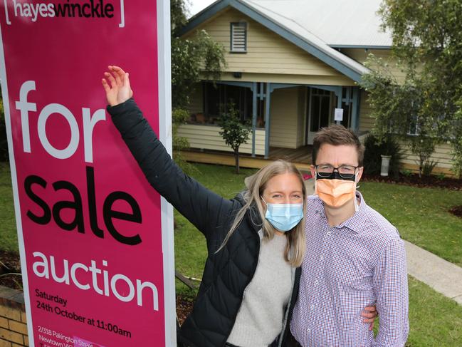 Auction at 17 Anderson Street, East Geelong. Auctioneer Matthew Roberts of Hayswinckle.  Henry Drysdale and Ashlee Strachan were the happy buyers. Picture: Mike Dugdale