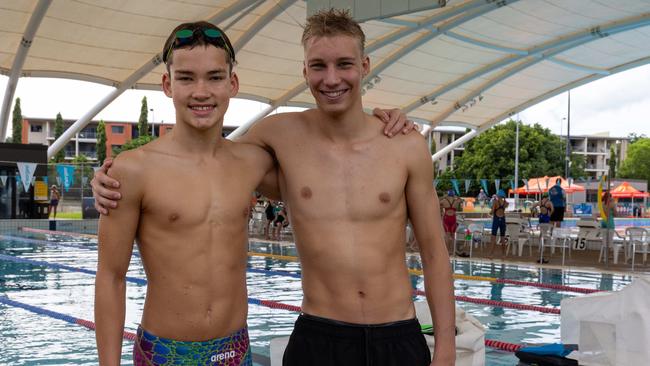 Ethan Witham and Patrick Brown at the 2025 NT Swimming Championships. Picture: Pema Tamang Pakhrin