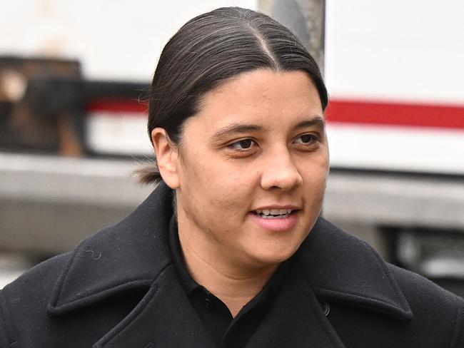 KINGSTON UPON THAMES, ENGLAND - FEBRUARY 3: Australian footballer Sam Kerr arrives outside the Crown Court ahead of her trial for a racial harassment case on February 3, 2025 in Kingston upon Thames, England. The Matildas star, who also plays professionally for Chelsea in the Women's Super League, is facing charges of "racially aggravated harassment" of a police officer related to an incident in Twickenham on January 30, 2023.  (Photo by Leon Neal/Getty Images)