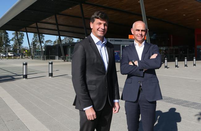 Hume federal Liberal MP Angus Taylor and Camden state Liberal MP Chris Patterson a at Leppington Station. Picture: Ian Svegovic.