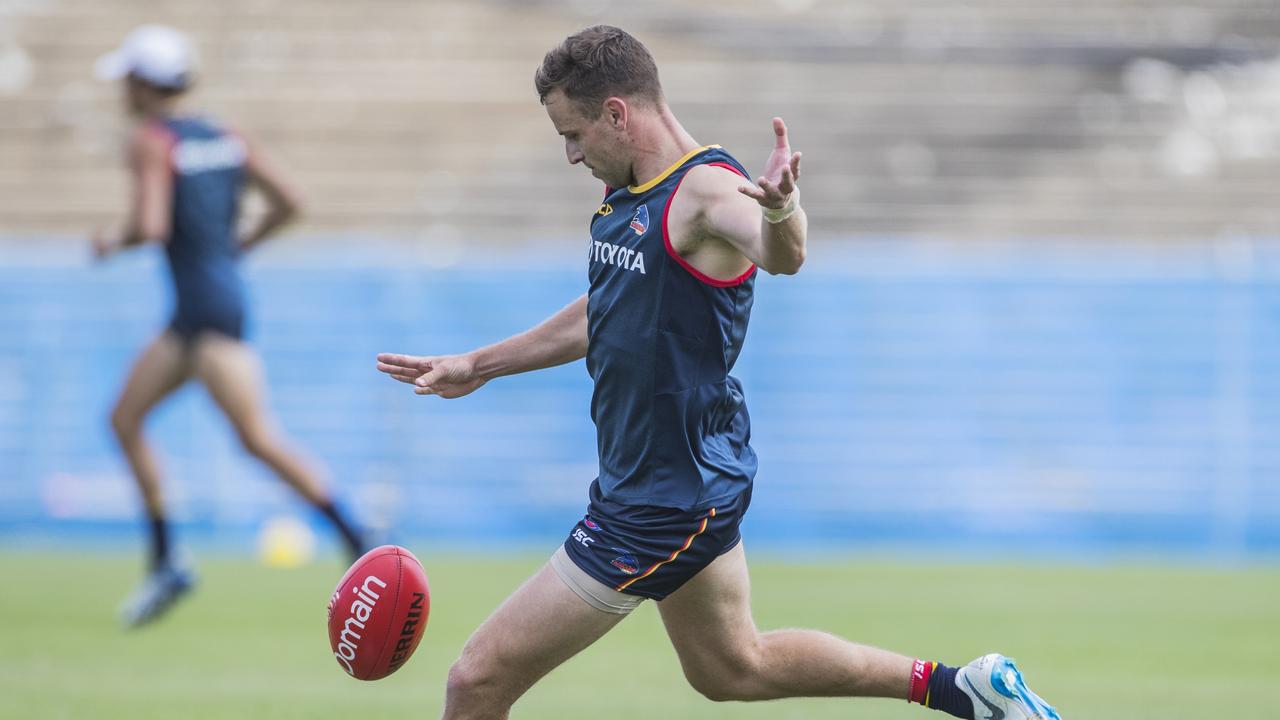 Long-kicking and hard-running Brodie Smith returns to the Adelaide line-up this season — after a year on the sidelines with a knee injury — to add critical speed in the Crows game and ball movement. Picture: Simon Cross