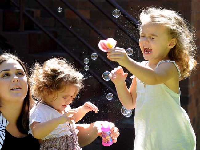 Balgowlah's Aimee Gjeci, and daughters Ivy, 3, and Lola, 2. New data shows that the childcare is much easier to find the further you get from the city centre.