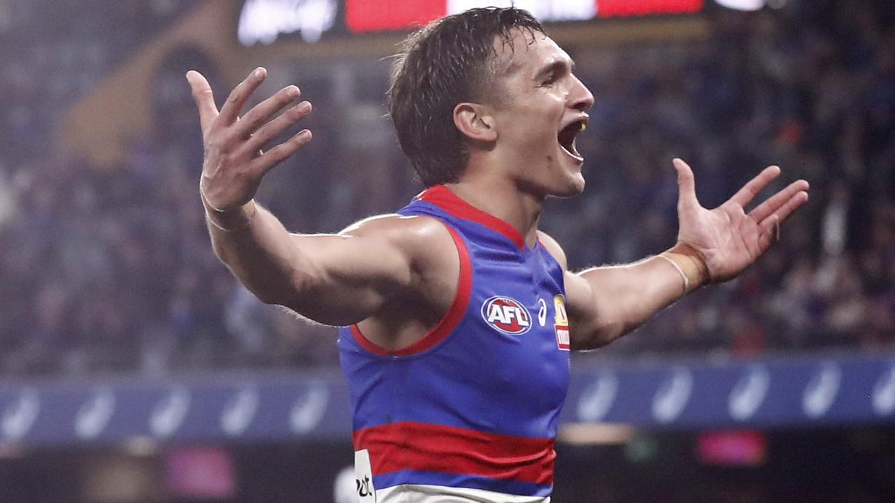 Ugle-Hagan celebrates the sealer with the Bulldogs faithful. Picture: Darrian Traynor/Getty Images