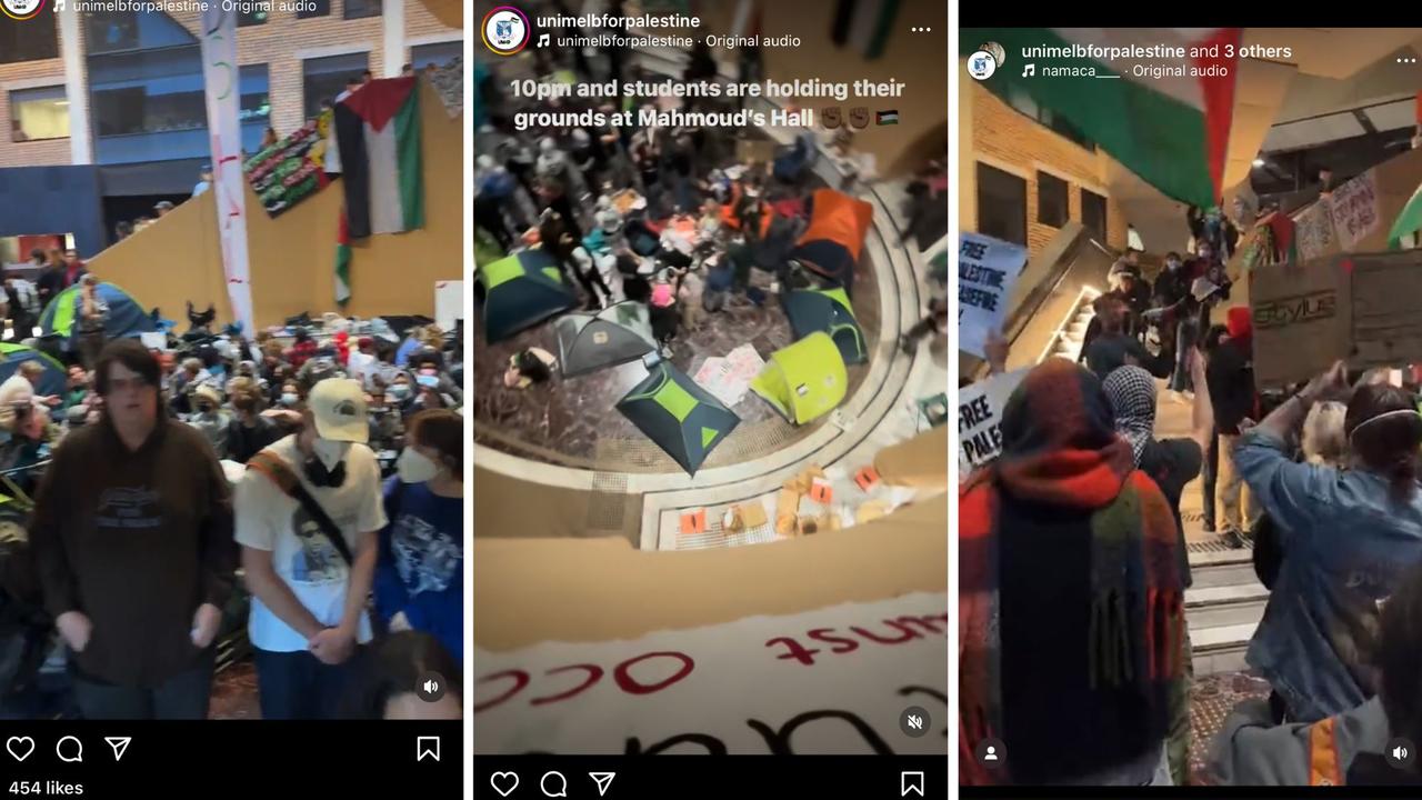 Scenes from the occupied building last week as Unimelb for Palestine shifted inside. Pictures: Instagram