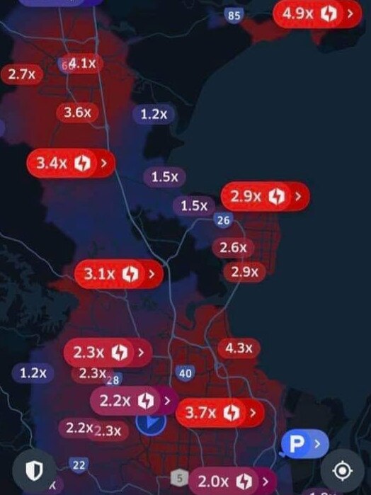 A map of surge areas as they appear to Uber drivers (Facebook picture)