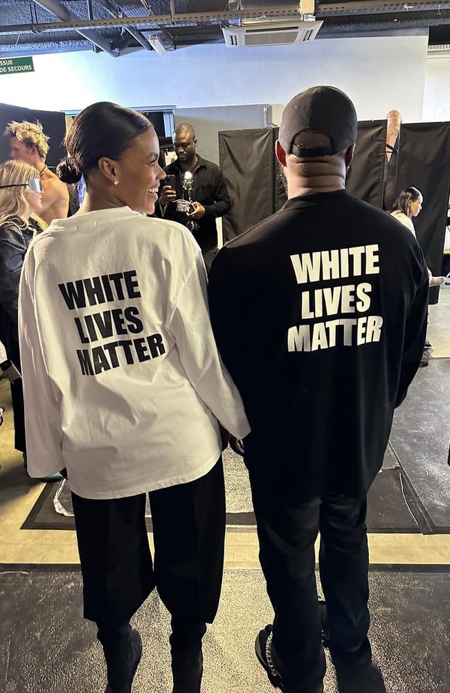 Kanye West and right-wing commentator Candace Owens, pose while wearing a Yeezy ‘White Lives Matter’ shirt.