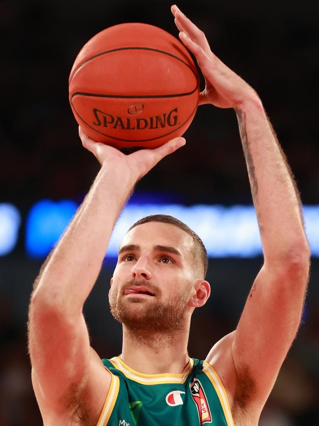 Jack McVeigh shoots the ball during game three of the NBL Championship Grand Final Series against Melbourne United at John Cain Arena on Sunday. Picture: Kelly Defina/Getty Images