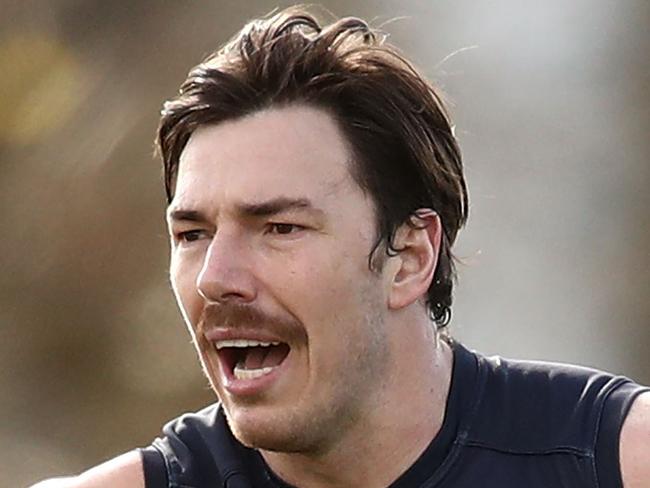 MELBOURNE, AUSTRALIA - AUGUST 16:  Michael Hibberd of the Demons gestures during a Melbourne Demons AFL training session at Gosch's Paddock on August 16, 2018 in Melbourne, Australia.  (Photo by Scott Barbour/Getty Images)