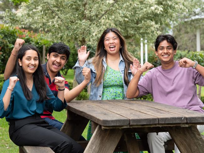 SYDNEY, AUSTRALIA - Daily TelegraphPhotos - Wednesday, 18 December 2024:Jiya Barot, 18, ATAR: 99.70, Satvik Warrier, 17 ATAR:99.65, Cassidy Lauguico, 18, ATAR: 97.45 and Dhruvil Patel , 17, ATAR: 96 pose for a photo at Penrith Selective High School. Inside the western sydney schools which dominated the HSC this year. Penrith High smashed it, scoring ahead of Kings, PLC, Scots, Ravenswood, Cranbrook. Its one of the many western schools which jumped up including Cambridge Park which jumped 100 places. Picture: Daily Telegraph/ Monique Harmer