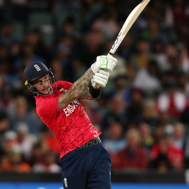 Alex Hales launches against India.