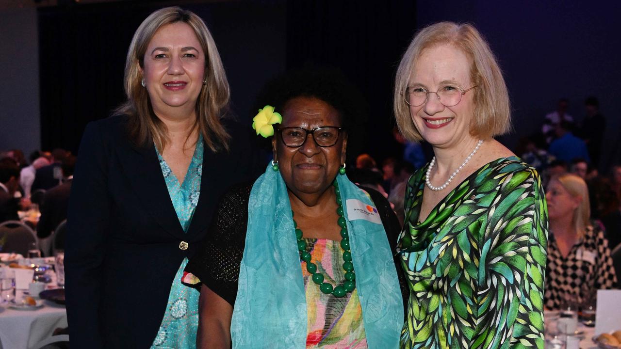 Premier Annastacia Palaszczuk (left) with Governor Dr Jeannette Young and Dr Aunty McRose Elu at Wednesday’s Path to Treaty event. Picture: Dan Peled/NCA NewsWire