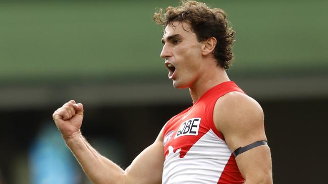 Sydney's Sam Wicks celebrates kicking a goal  during the Round 6 AFL match between the Sydney Swans and Gold Coast Suns at the SCG on April 21, 2024. Photo by Phil Hillyard(Image Supplied for Editorial Use only - **NO ON SALES** - Â©Phil Hillyard )