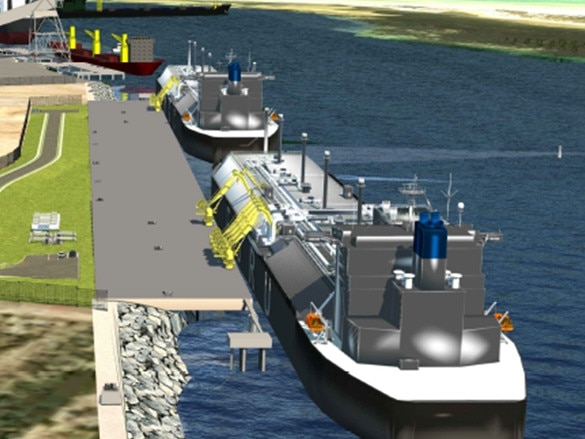 Venice Energy An artist's impression of the proposed liquefied natural gas (LNG) importterminal to be built at Outer Harbor, Port Adelaide, South Australia, byVenice Energy. The image shows the floating storage and regasification unit(in the foreground), or FSRU, and a Liquefied Natural Gas Carrier, LNGC,berthed in front of it. The FSRU would be semi-permanently moored atPelican Point, Outer Harbor, while LNGCs would come and go makingdeliveries. Gas would be piped into the main SA gas network from the FSRU.December 2021. Picture supplied by Venice Energy