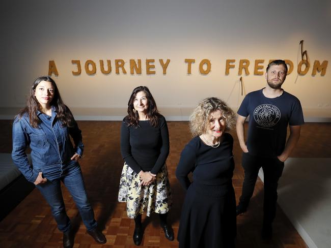 Artist Rachel Labastie (France), Dr Mary Knights, co-curator and senior curator of Art at TMAG, Barbara Polla, guest curator, and Sam Wallman (Australia) at the opening of A Journey to Freedom. Picture: RICHARD JUPE