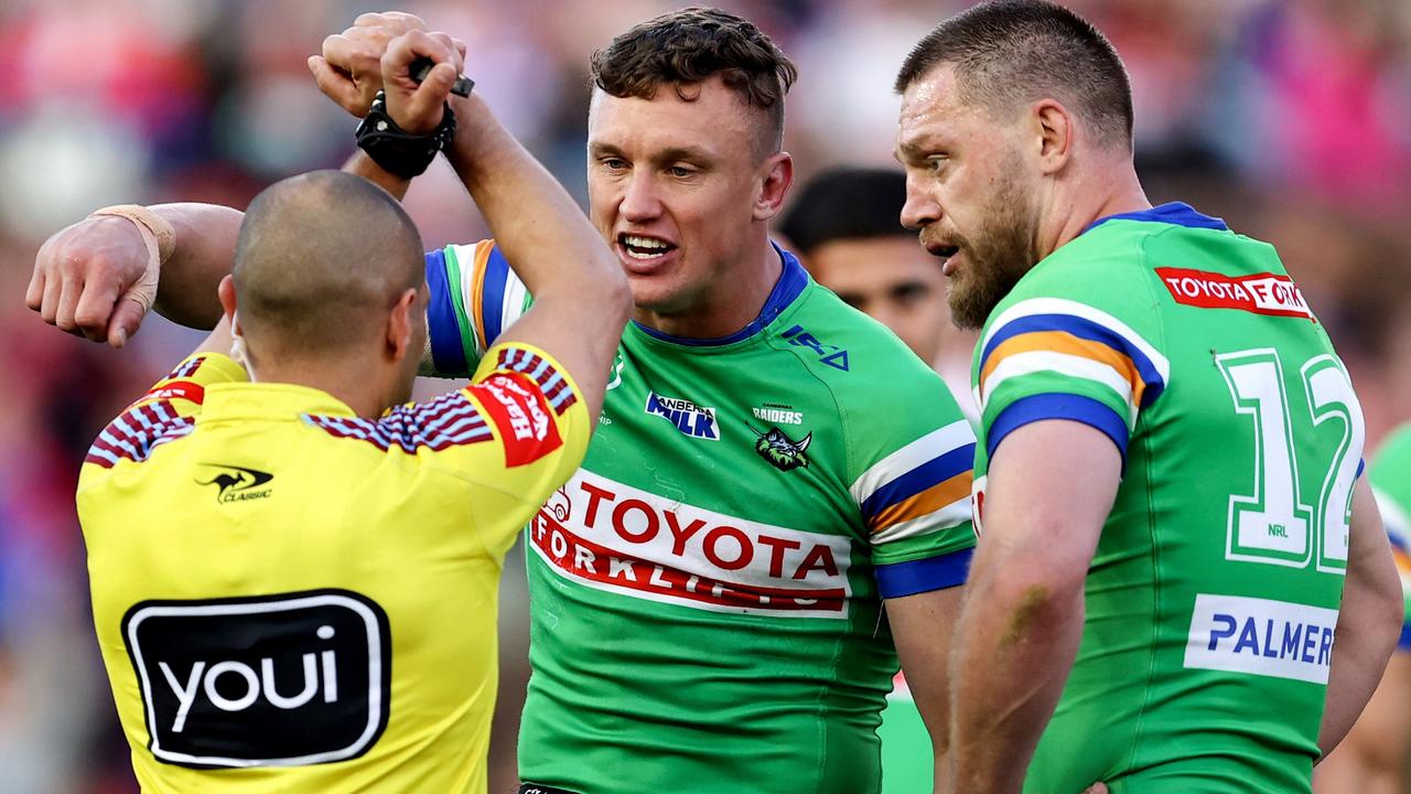 NEWCASTLE, AUSTRALIA - SEPTEMBER 10: Jack Wighton of the Raiders is placed on report by referee Ashley Klein during the NRL Elimination Final match between Newcastle Knights and Canberra Raiders at McDonald Jones Stadium on September 10, 2023 in Newcastle, Australia. (Photo by Brendon Thorne/Getty Images)