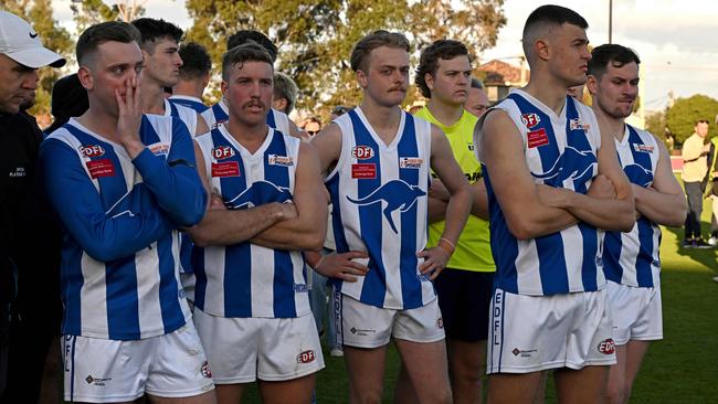 EDFL: Dejected Oak Park players after the grand final. Picture: Andy Brownbill