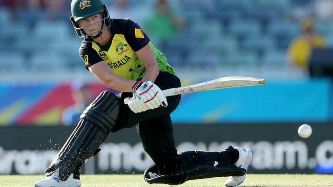 Australian captain Meg Lanning sweeps for runs in her team’s nervous win over Sri Lanka in the Women’s T20 World Cup matchin Perth: Picture: AAP