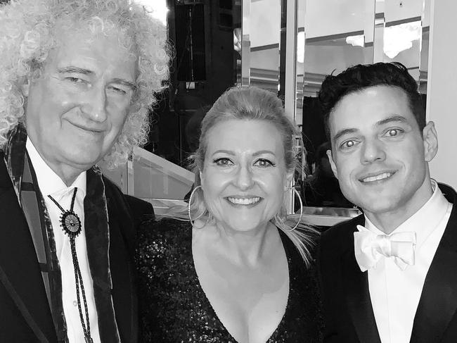 Angela Bishop with Queen’s Brian May and actor Rami Malek.