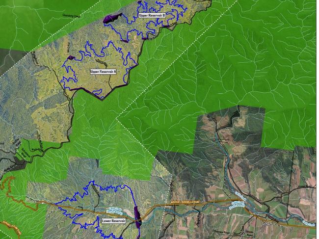 A map showing the three reservoirs and affected properties for the proposed Pioneer-Burdekin pumped hydro scheme. Picture: Queensland Hydro