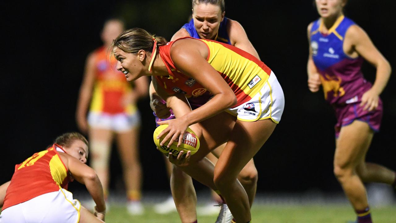 Lauren Bella of the Suns in action during the AFLW practice match. The Mackay born player is encouraging everyone to come and support the match being played in Mackay on January 9. Photo: by Albert Perez/AFL, Getty Images