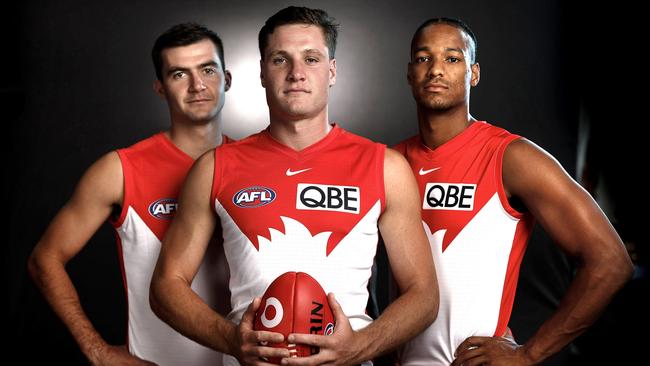 Portrait of Sydney Swans key forwards Logan McDonald, Hayden McLean and Joel Amartey ahead of the 2024 AFL Season. Photo by Phil Hillyard(Image Supplied for Editorial Use only - **NO ON SALES** - ÃÂ©Phil Hillyard )