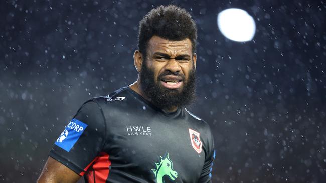 NEWCASTLE, AUSTRALIA - APRIL 05:  Mikaele Ravalawa of the Dragons warms up before the round five NRL match between Newcastle Knights and St George Illawarra Dragons at McDonald Jones Stadium on April 05, 2024, in Newcastle, Australia. (Photo by Scott Gardiner/Getty Images)