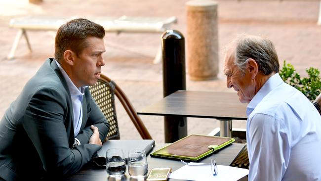 Graham Cornes interviews Adelaide Crows CEO Andrew Fagan at Pranzo Restaurant, Exchange Place, Adelaide on Thursday 12 December 2019. Picture: AAP Image/Sam Wundke.