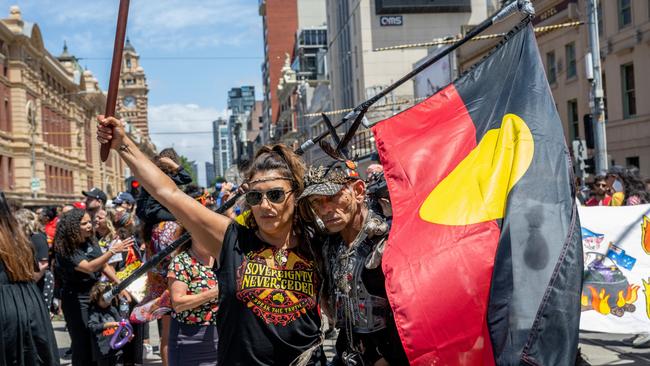 Greens Senator Lidia Thorpe takes part march from Parliament House to Flinder's Street Station during the Treaty Before Voice Invasion Day Protest on January 26. Picture: Getty Images