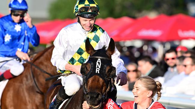 A smiling James McDonald returns to the winner’s enclosure. Picture: Grant Peters/Trackside Photography.