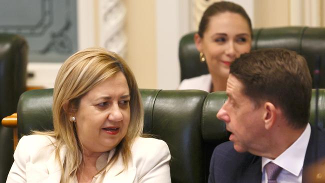 Queensland Premier Annastacia Palaszczuk and Queensland Treasurer Cameron Dick during the parliament sitting in Brisbane. Picture: NCA NewsWire/Tertius Pickard