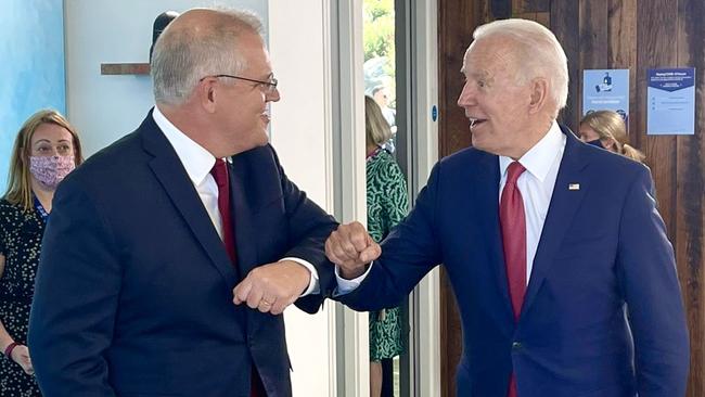 Scott Morrison and Joe Biden at the Carbis Bay Estate in Cornwall, England, on June 12. Picture: Adam Taylor