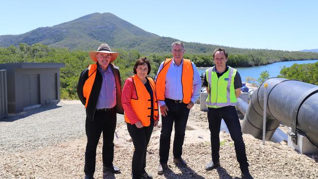 Whitsunday Cr Mike Brunker, Member for Mackay Julieanne Gilbert, Minister for Agricultural Industry Development and Fisheries Mark Furner and Tassal representative Ben Daley at the company's Proserpine prawn farm.