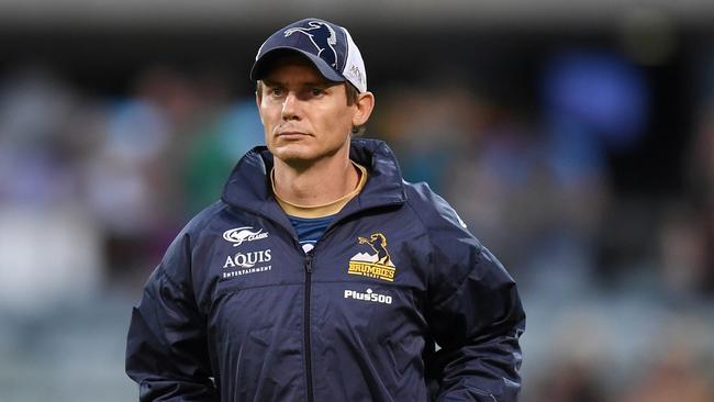 ACT Brumbies Coach Stephen Larkham reacts ahead of the Round 2 Super Rugby match between the ACT Brumbies and the Sharks at GIO Stadium in Canberra, Saturday, March 4, 2017. (AAP Image/Lukas Coch) NO ARCHIVING, EDITORIAL USE ONLY