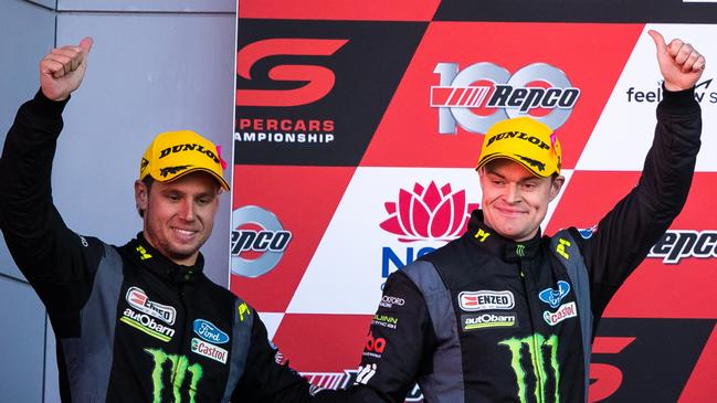 Cameron Waters and James Moffat celebrate reaching the podium at the 2022 Bathurst 1000. Picture: Daniel Kalisz/Getty Images