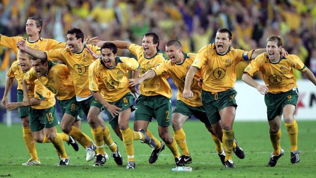 Socceroos players celebrate their penalty shootout win over Uruguay in 2005 that booked their place in the 2006 World Cup in Germany.